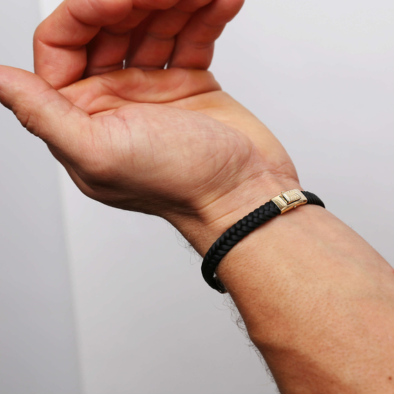 Złota bransoletka męska 585 z czarnymi cyrkoniami kratka warkocz 21 cm Grawer 