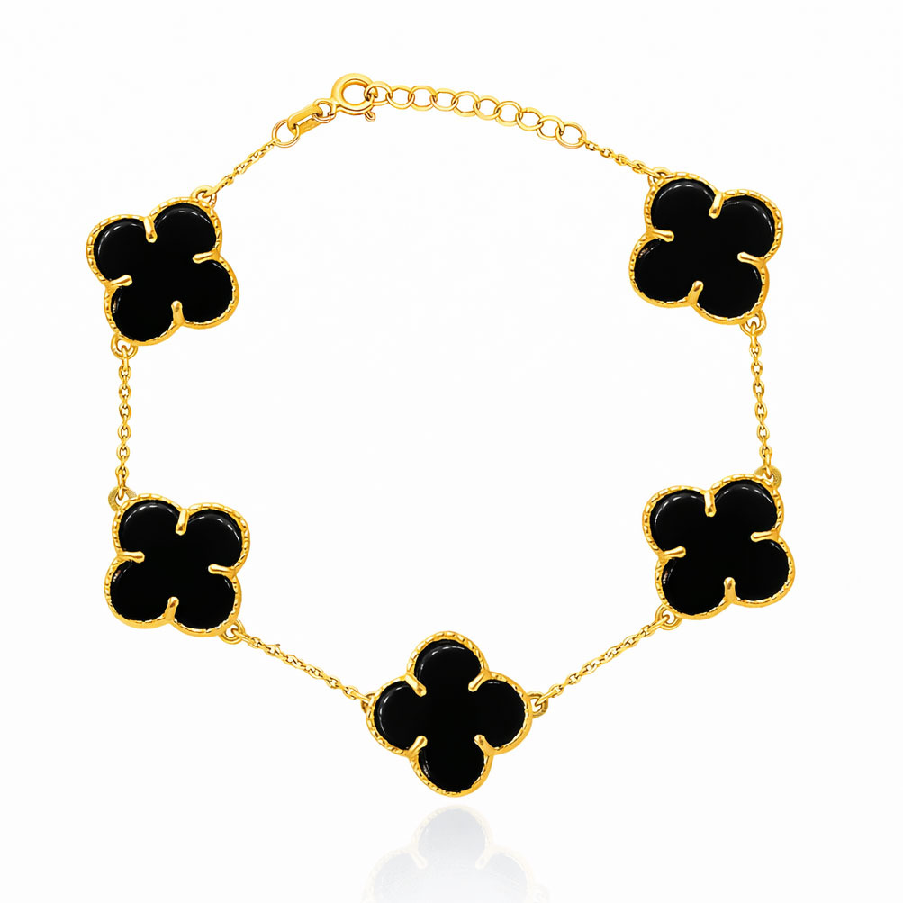 Bransoletka złota duże koniczynki czarne 585 naturalny kamień onyks