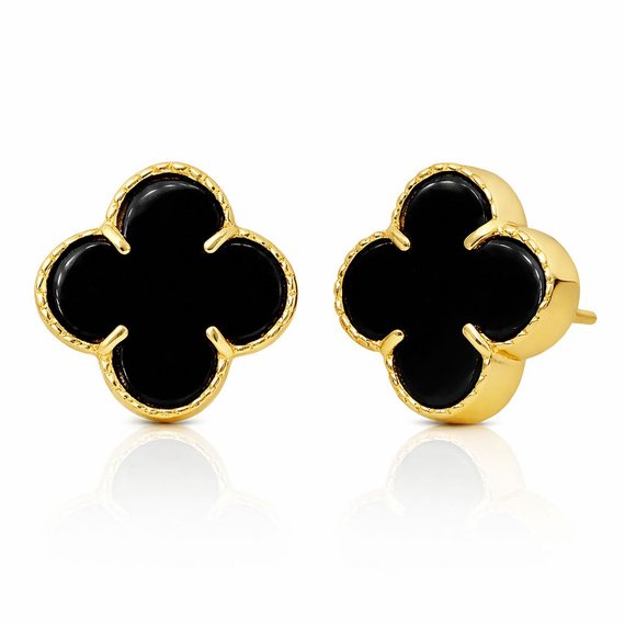 Złote kolczyki duże koniczynki z onyksem 585 kwiatki koniczynki naturalny onyks czarne na sztyft 