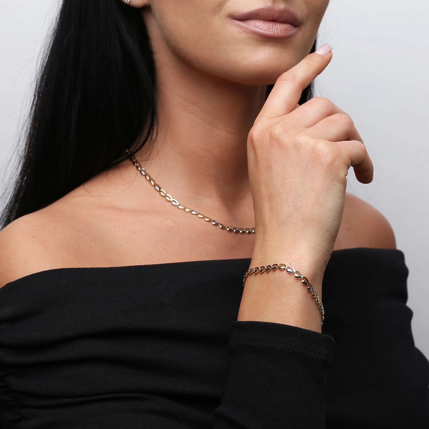 Bransoletka damska 585 ziarna kawy białe i żółte złoto 18 cm