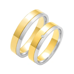 Obrączki ślubne para: białe i żółte złoto 585, diament, płaskie, 5 mm