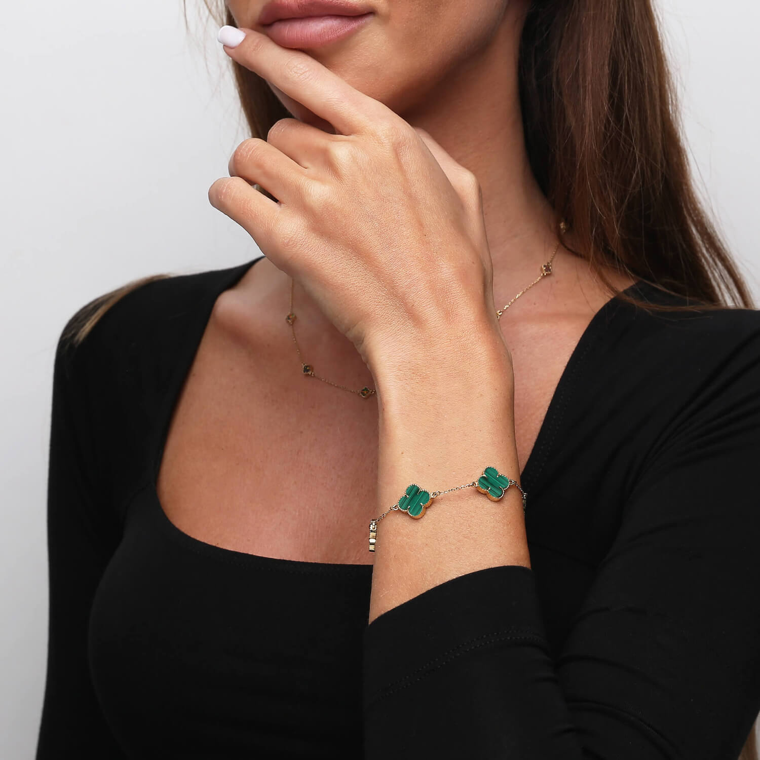 Bransoletka złota duże koniczynki 585 naturalny kamień malachit