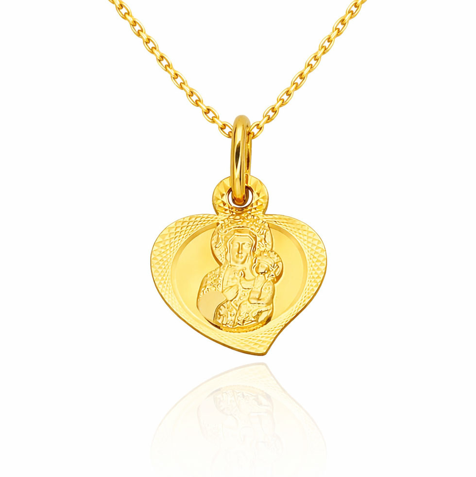Złota zawieszka medalik 585 serce diamentowane Matka Boska Częstochowska z dzieciątkiem Jezus Grawer