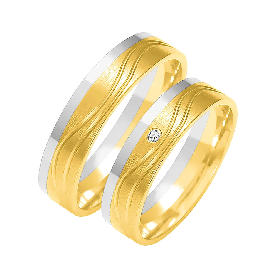 Obrączki ślubne para: białe i żółte złoto 585, diament, satynowane, 5 mm
