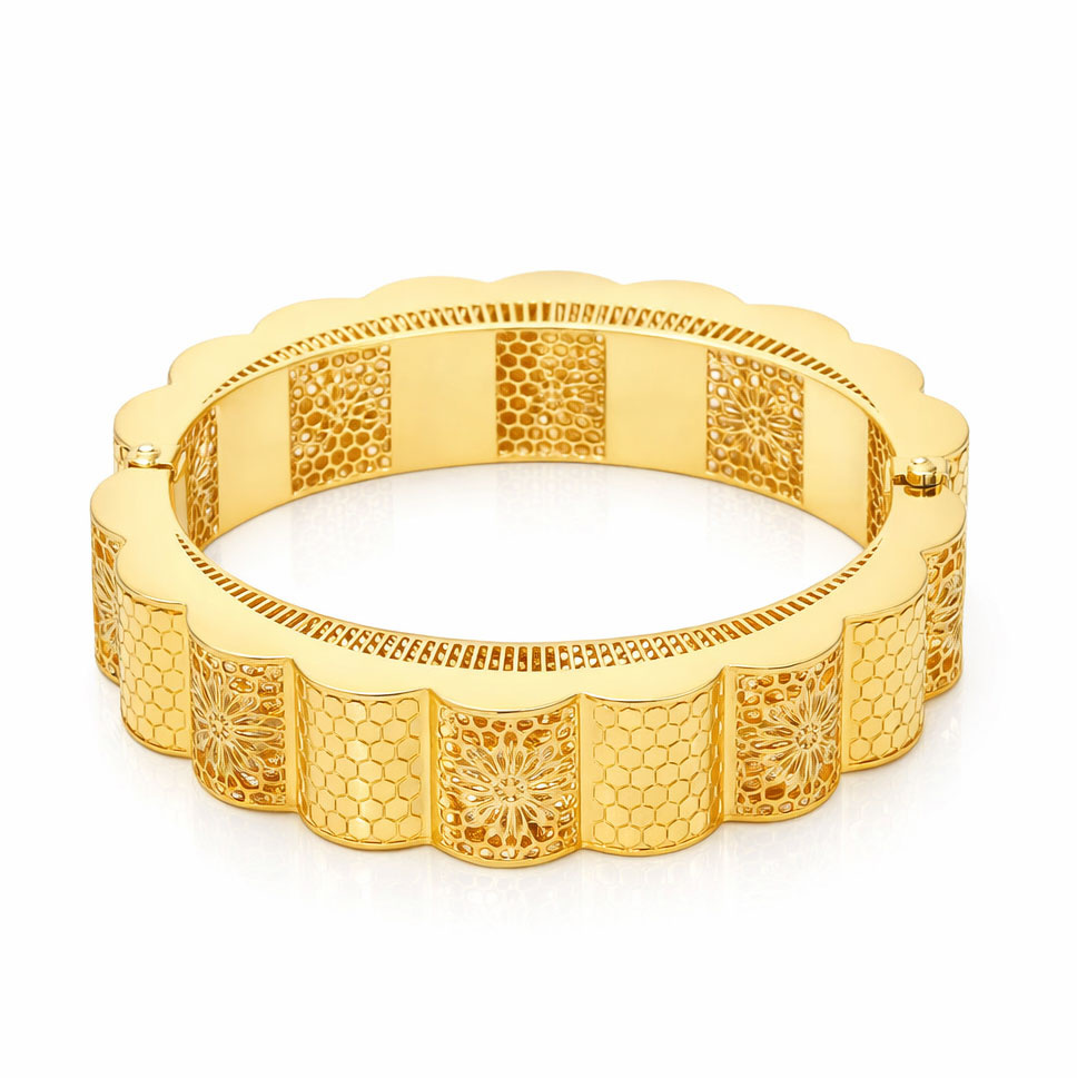 Złota bransoletka sztywna 585 szeroka kwiat damska ażurowa bangle ozdobna