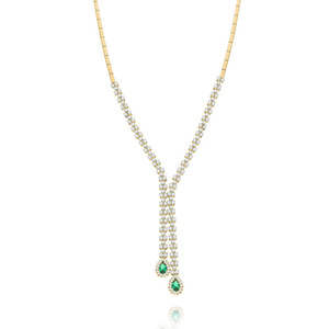 Złoty naszyjnik damski kolia 585 zielona cyrkonia i białe cyrkonie karmazycja krawatka