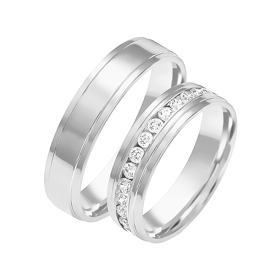 Obrączki ślubne para: białe złoto 585, diamenty dookoła, płaskie, 5 mm