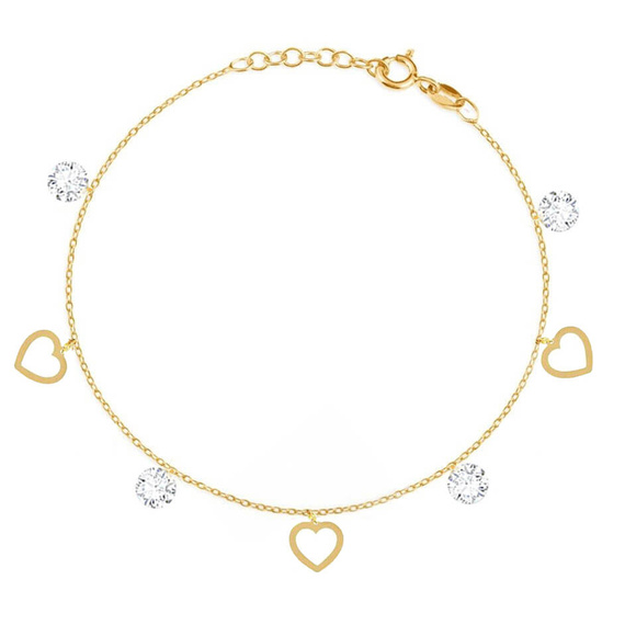 Złota bransoletka 585 serca i białe cyrkonie 15-17 cm