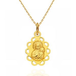 Złota zawieszka medalik ażurowy 585 kwiatek owalny Matka Boska Częstochowska z dzieciątkiem Jezus Grawer