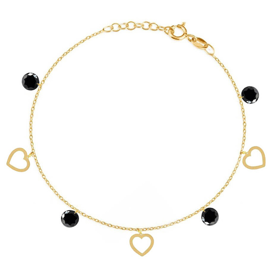Złota bransoletka 585 serca i czarne cyrkonie 17-19 cm