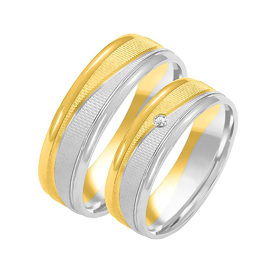 Obrączka ślubna damska: białe i żółte złoto 585, diament, ozdobne tłoczenie, 6 mm