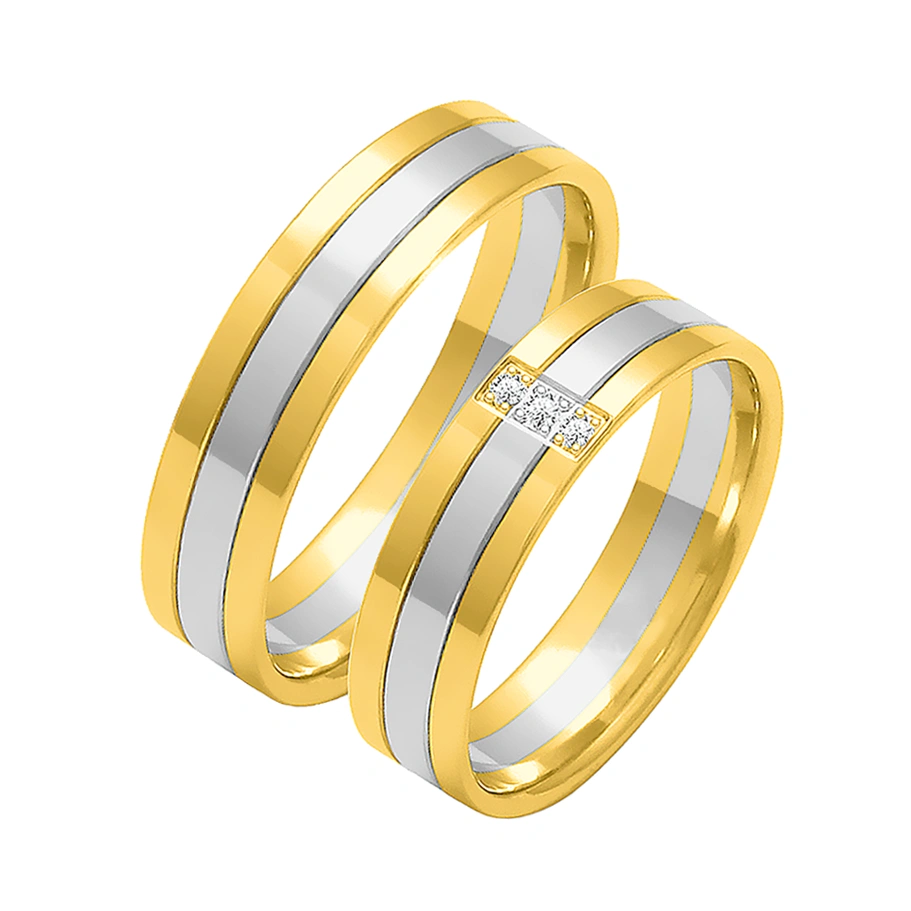 Obrączki ślubne para: białe i żółte złoto 585, diamenty, płaskie, 5 mm