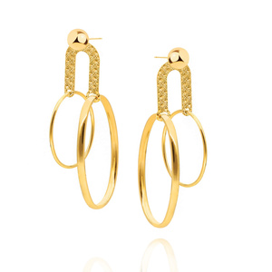 Złote kolczyki wiszące 585 podwójne owalne diamentowane żółte złoto kulka na sztyft