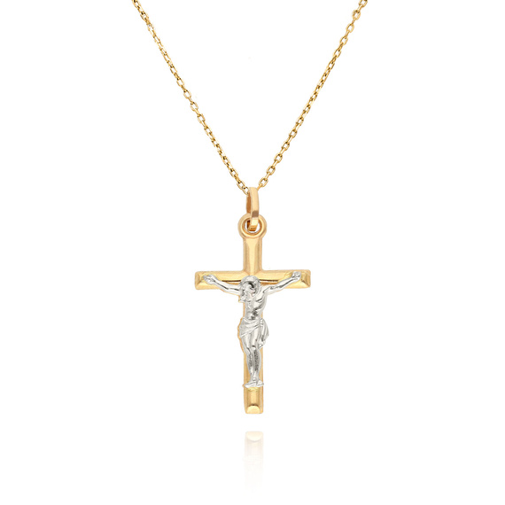 Złoty krzyż 585 Jezus na krzyżu białe złoto Komunia Bierzmowanie 2,5 cm