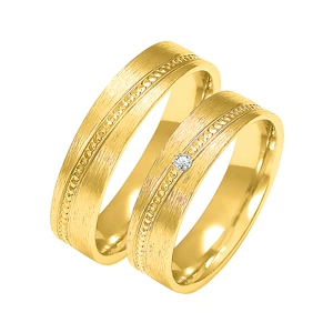 Obrączki ślubne para: złoto 585, tłoczenie, diament, płaskie, satynowane, 5 mm