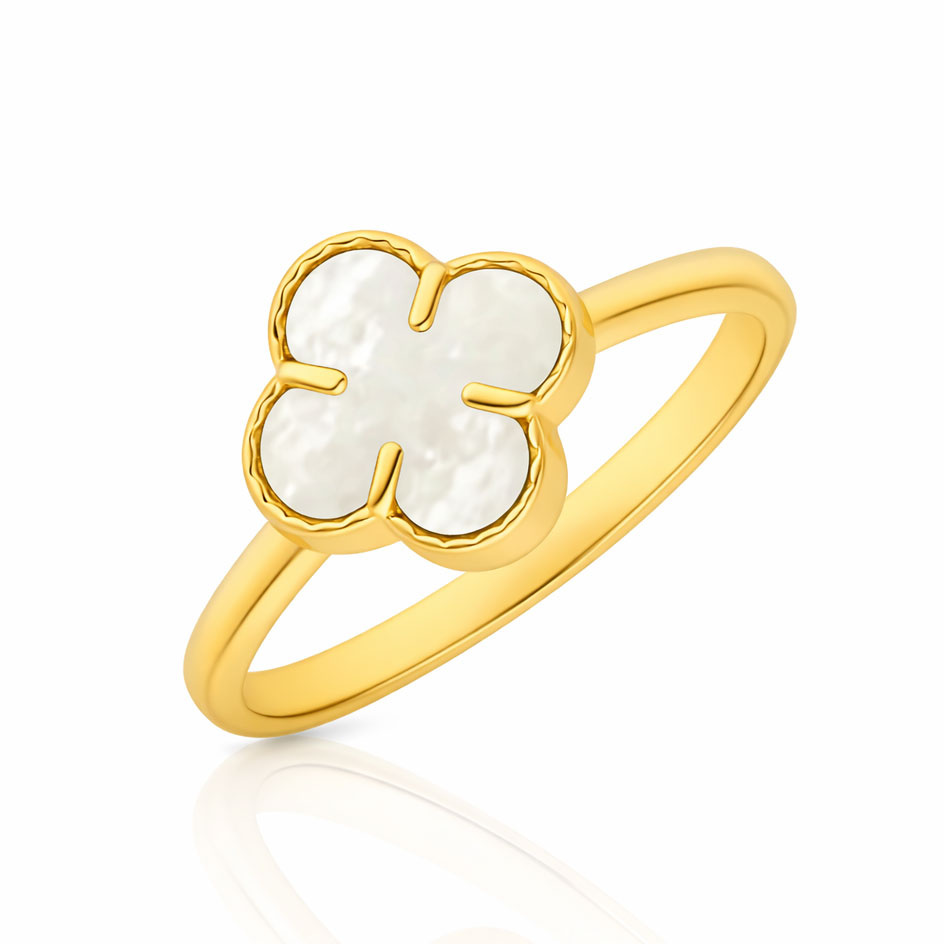 Złoty pierścionek 585 koniczynka kwiatek masa perłowa naturalna