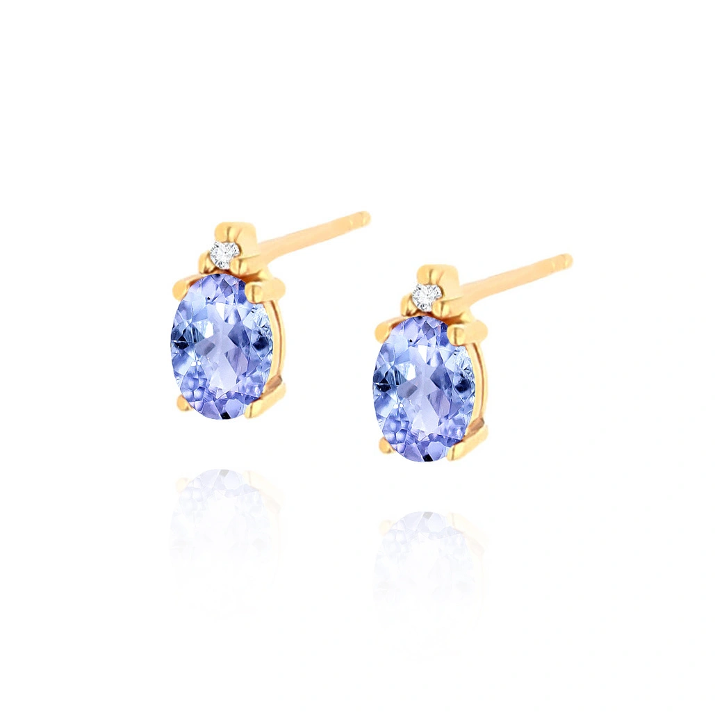 Złote kolczyki 585 owalne tanzanity 1,35 ct diamenty 0,015 ct na sztyft