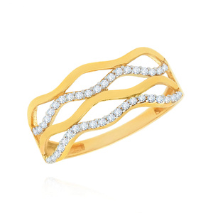 Złoty pierścionek szeroki fala 585 falujący białe cyrkonie 