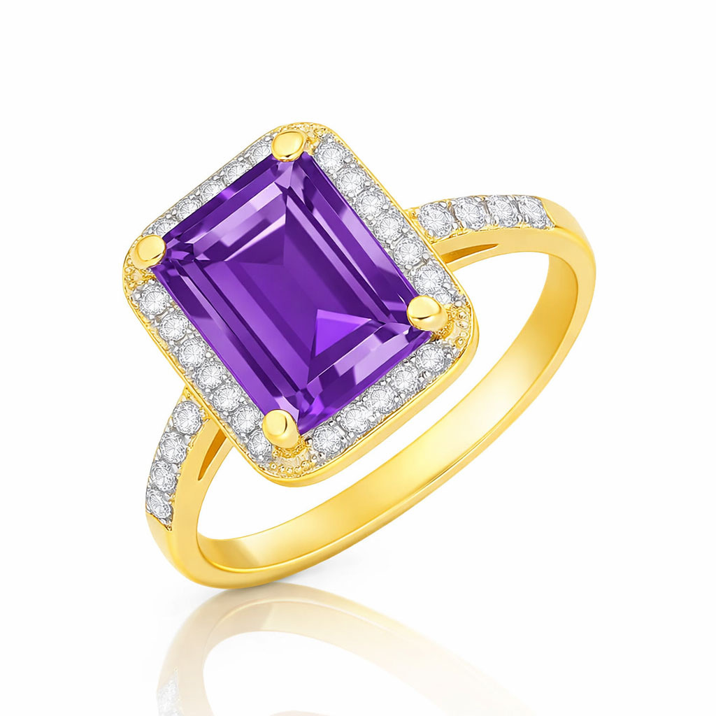 Złoty pierścionek zaręczynowy 585 ametyst 2,00 ct oktagon diamenty 0,16 ct