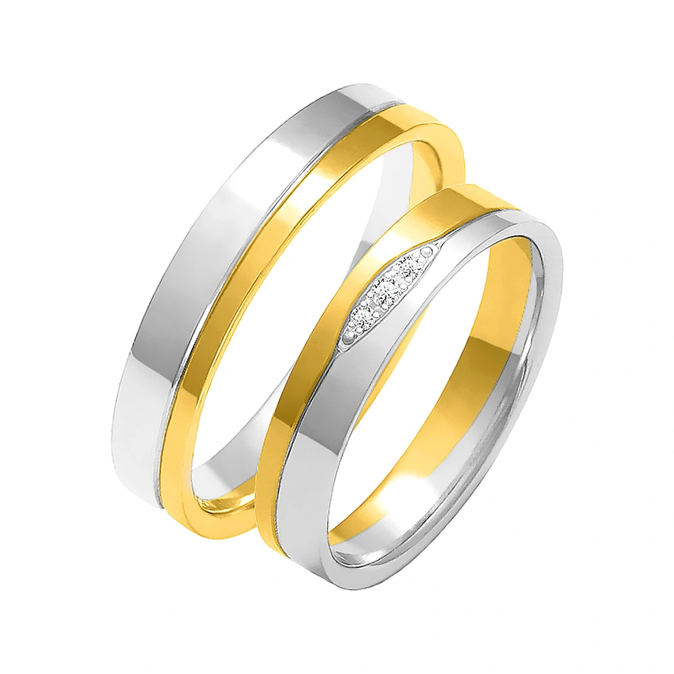 Obrączki ślubne para: białe i żółte złoto 585, diamenty, płaskie, 4 mm