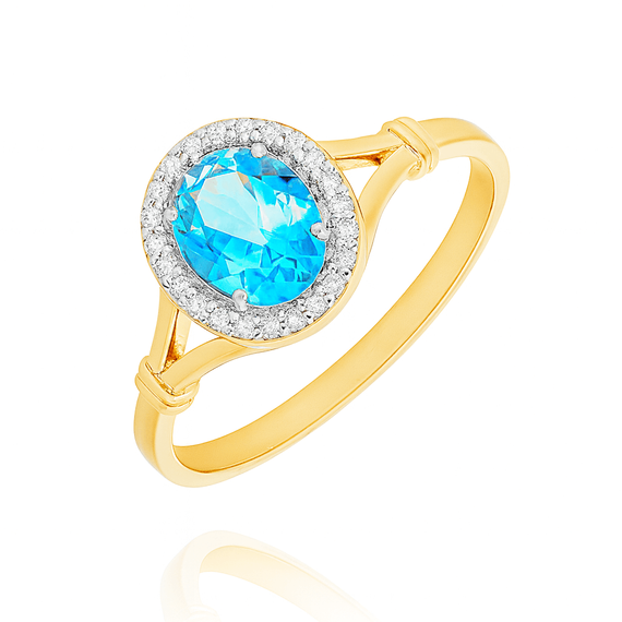 Złoty pierścionek z topazem 585 owalny swiss topaz diamenty naokoło