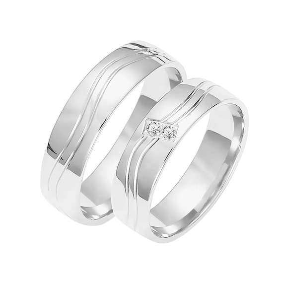 Obrączki ślubne para: białe złoto 585, diamenty, tłoczenie, 5 mm