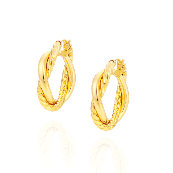 Złote kolczyki koła spiralki podwójne 585 kręcone gładkie fasetowane przeplatane na zatrzask 2,5 cm