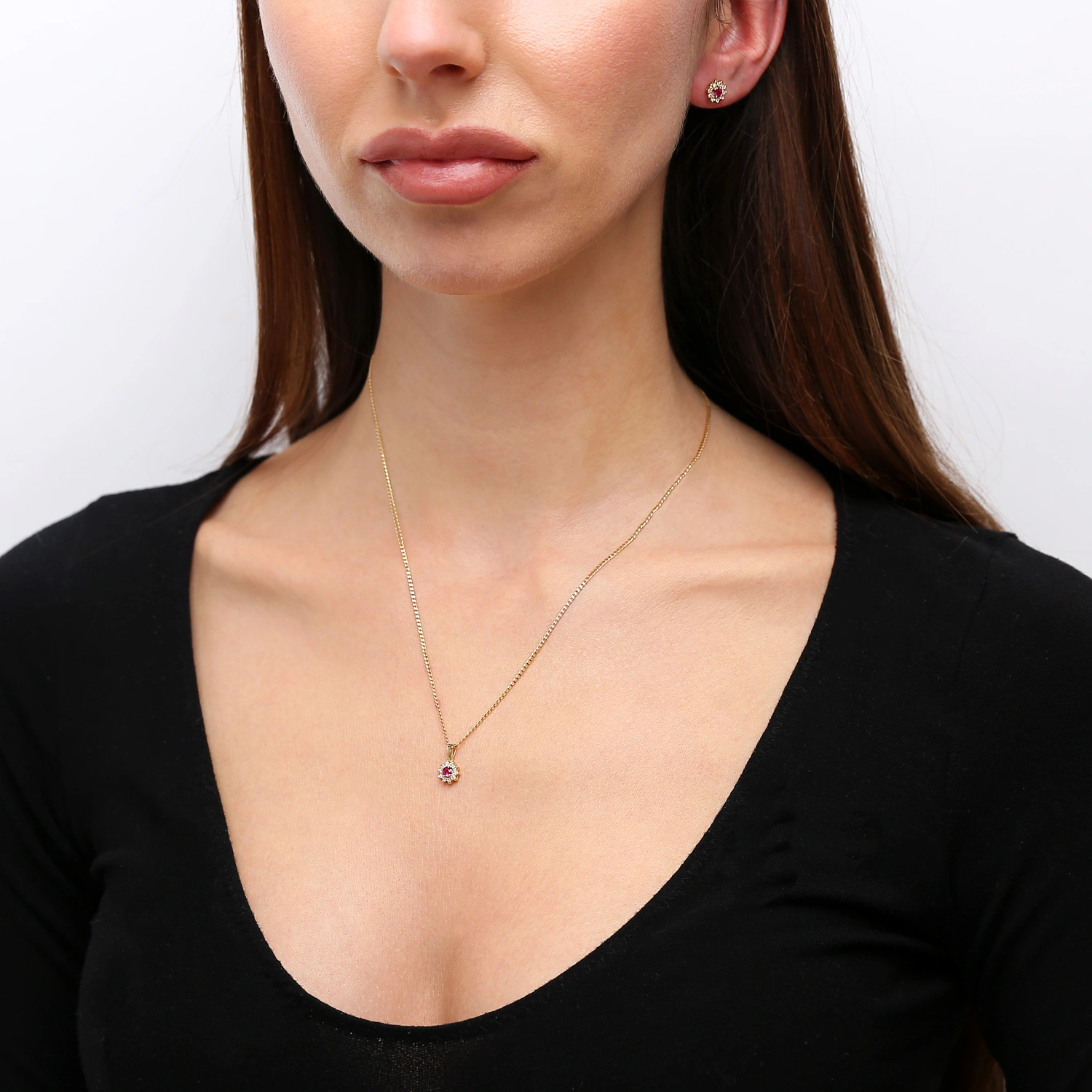 Złote kolczyki 585 okrągłe rubiny diamenty 0,48 ct