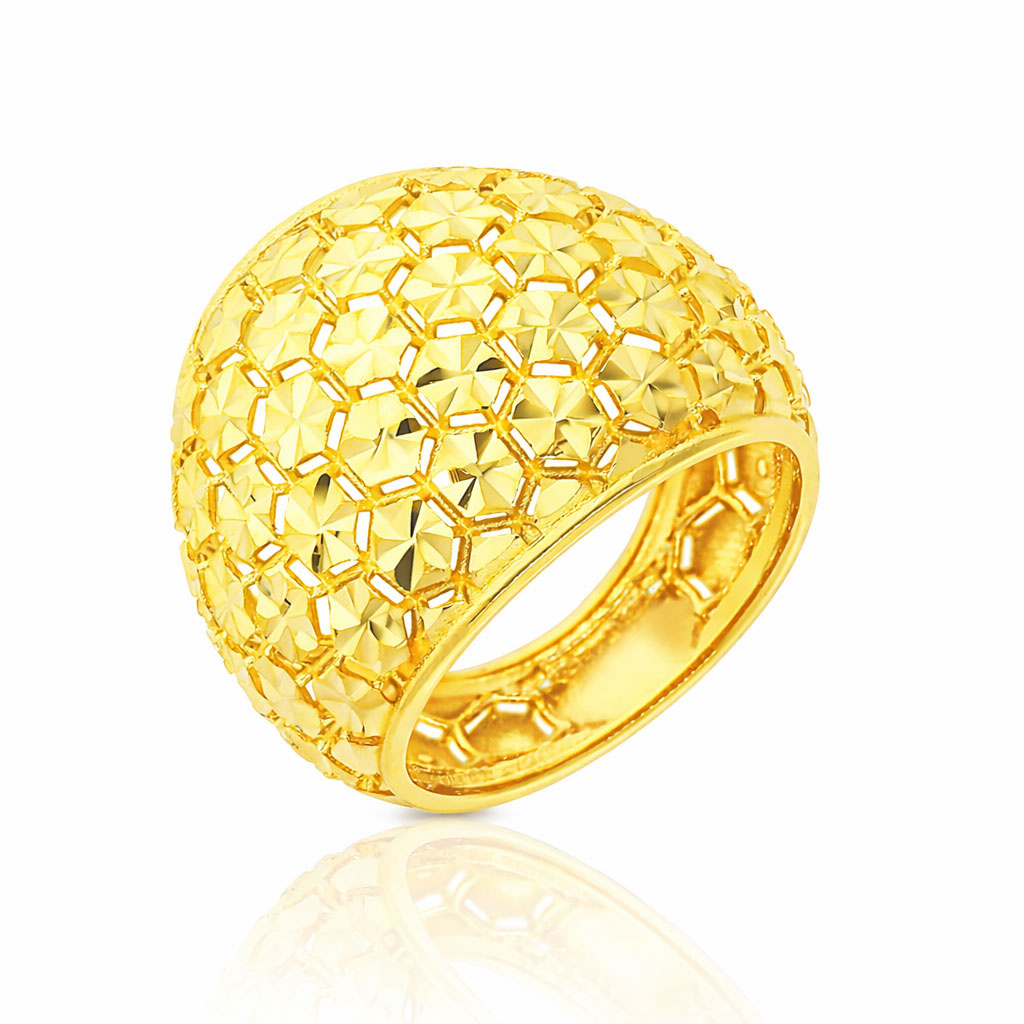 Złoty pierścionek szeroki 585 diamentowany nacinany frezowany