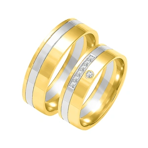 Obrączki ślubne para: białe i żółte złoto 585, diamenty, płaskie, 6 mm