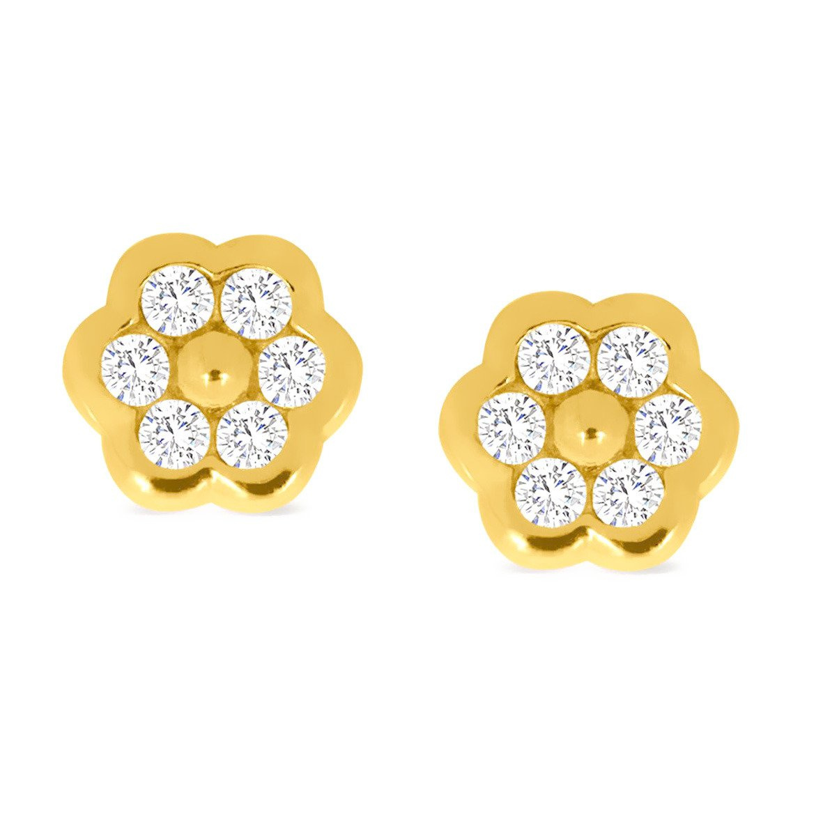 Złote kolczyki kwiatki 585 z białymi cyrkoniami na sztyft