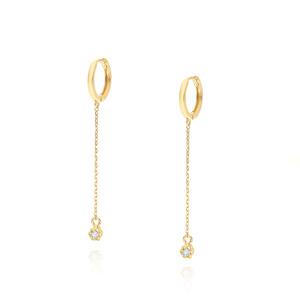 Złote kolczyki wiszące 585 kółka z łańcuszkiem cyrkonia