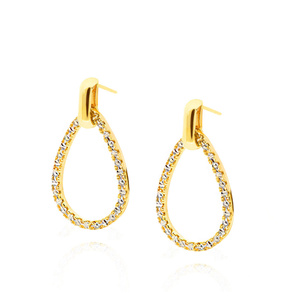 Złote kolczyki wiszące 585 owalne diamentowane białe i żółte złoto na sztyft