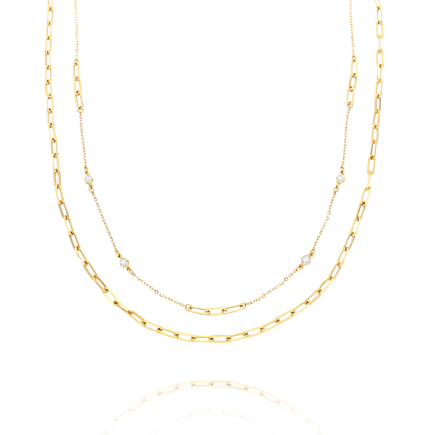 Złoty łańcuszek podwójny naszyjnik 585 splot ankier agrafki paperclip cyrkonie 2w1