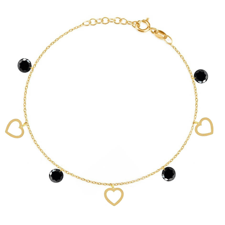 Złota bransoletka 585 serca i czarne cyrkonie 15-17 cm