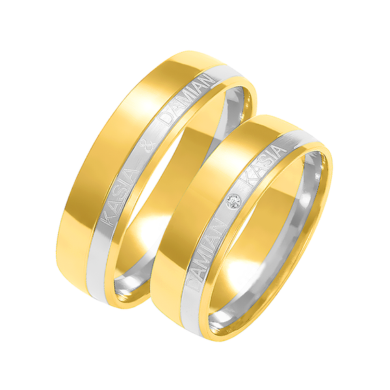 Obrączki ślubne para: białe i żółte złoto 585, diament, grawer, 6 mm