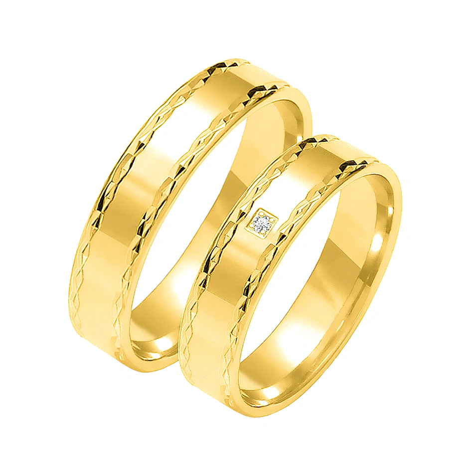 Obrączki ślubne para: złoto 585, diament, płaskie, diamentowane, 5 mm
