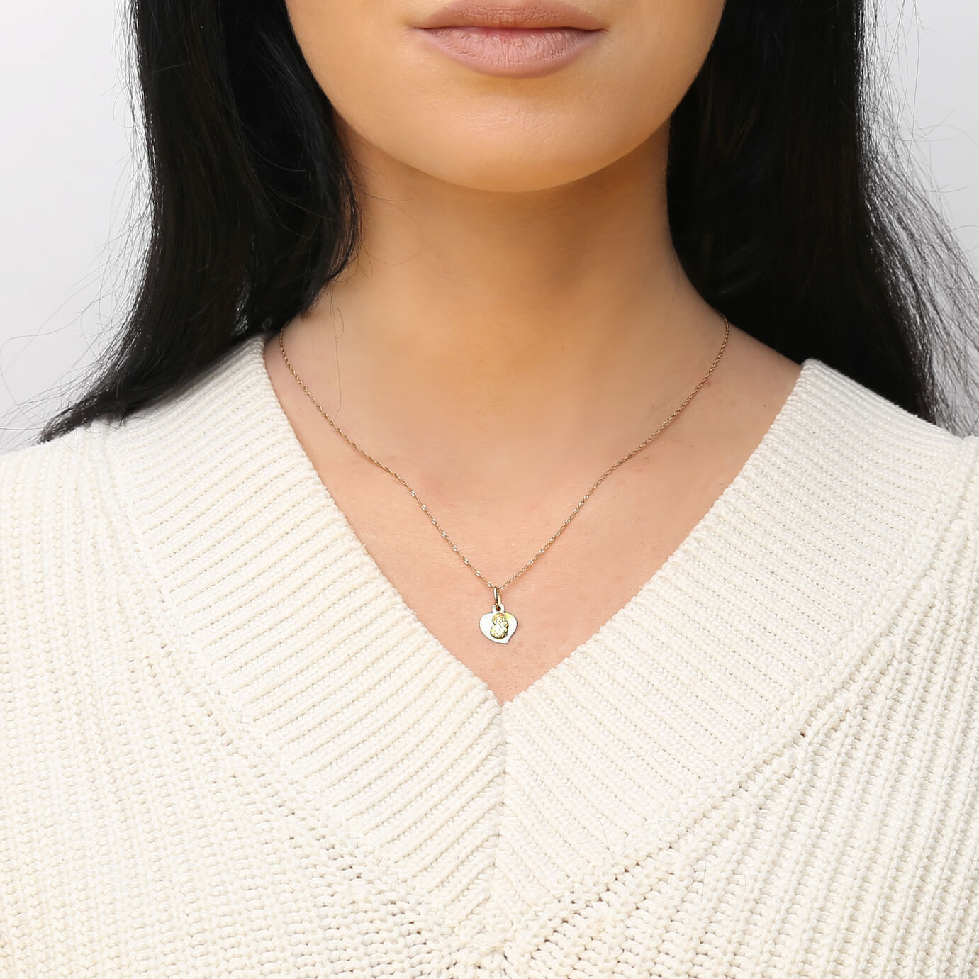 Złota zawieszka medalik 585 serce diamentowane Matka Boska Częstochowska z dzieciątkiem Jezus Grawer