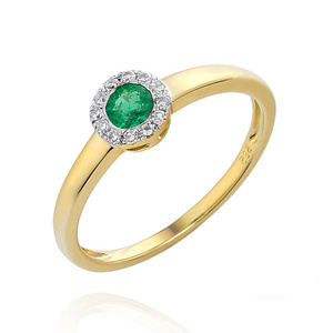 Złoty pierścionek okrągły 585 szmaragd 0,28 ct diamenty 0,06 ct 