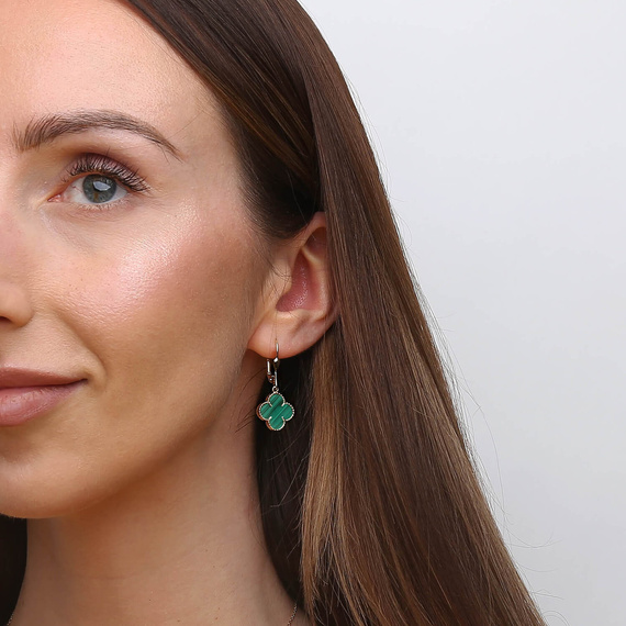 Złote kolczyki duże koniczynki wiszące 585 malachit naturalny angielskie 
