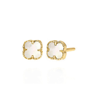 Złote kolczyki kwiatki 585 koniczynki masa perłowa małe na sztyft 5 mm