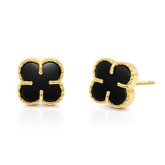 Złote kolczyki koniczyny 585 koniczynki kwiatki onyks naturalny na sztyft