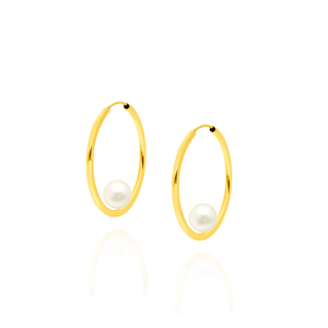 Złote kolczyki kółka z perełkami 585 wiszące perły zapięcie na zatrzask