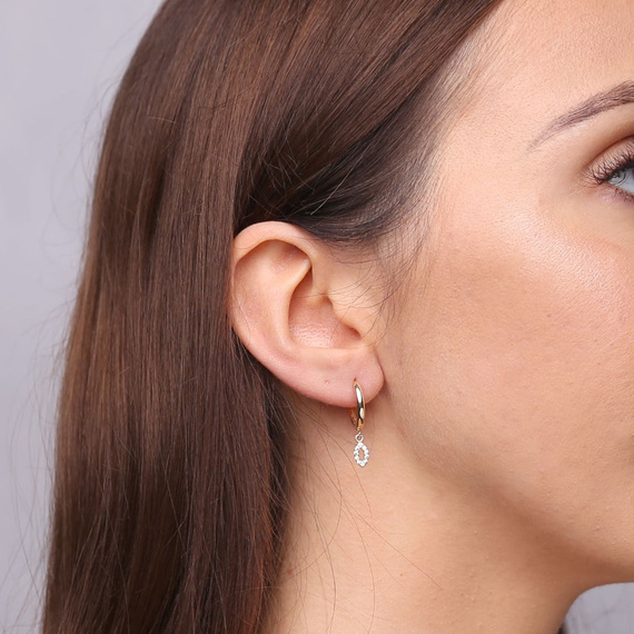 Złote kolczyki kółka z cyrkoniami 585 wiszące koła łezka cyrkonie