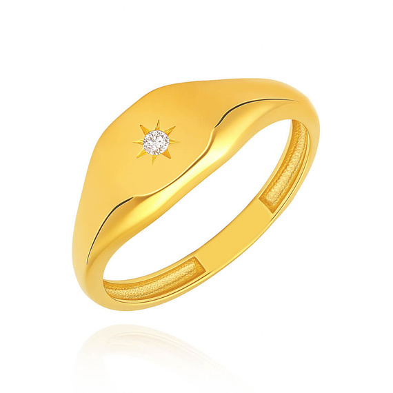 Złoty pierścionek damski 585 sygnet gładki z cyrkonią