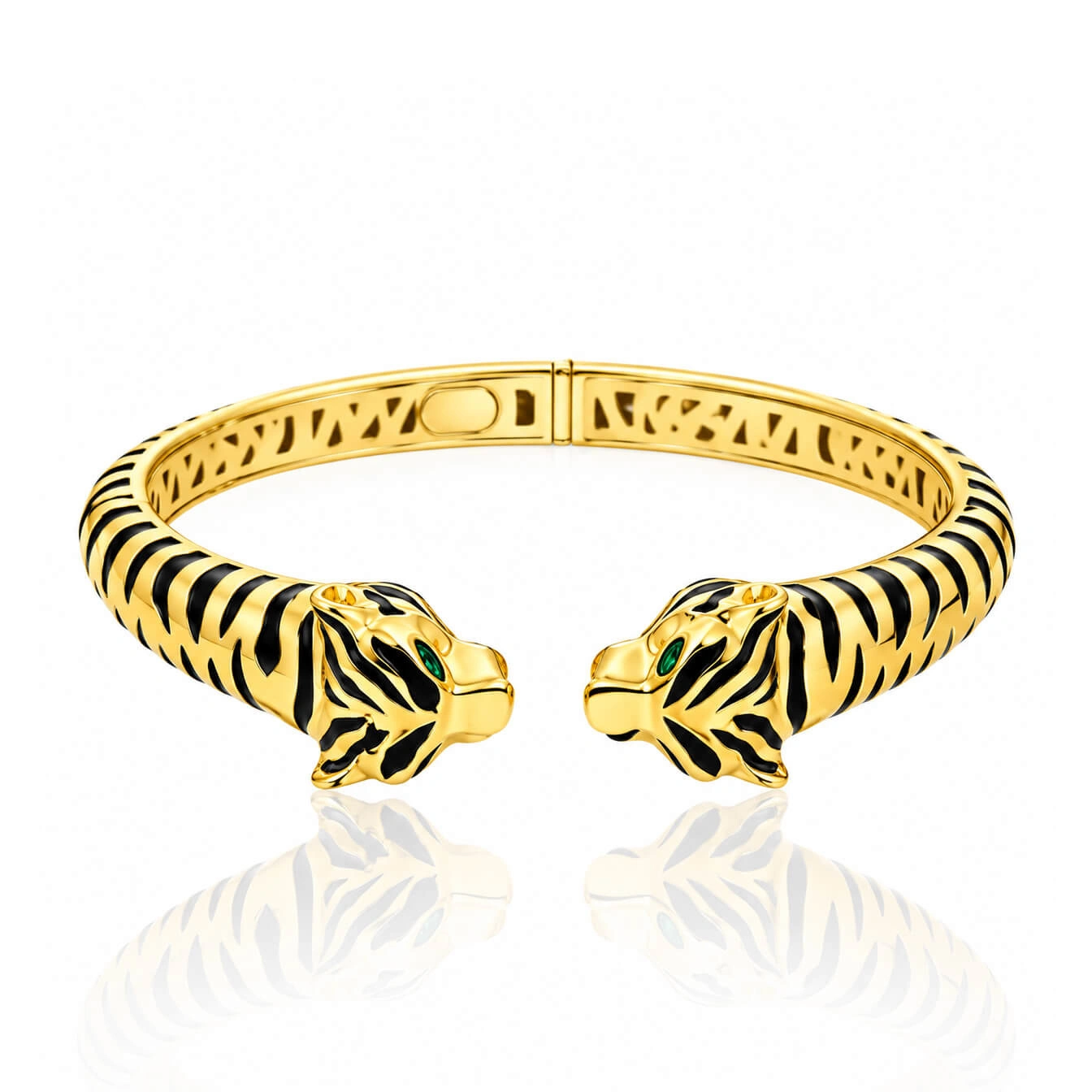 Złota bransoletka 585 sztywna tygrys gepard lampart zielone oczy
