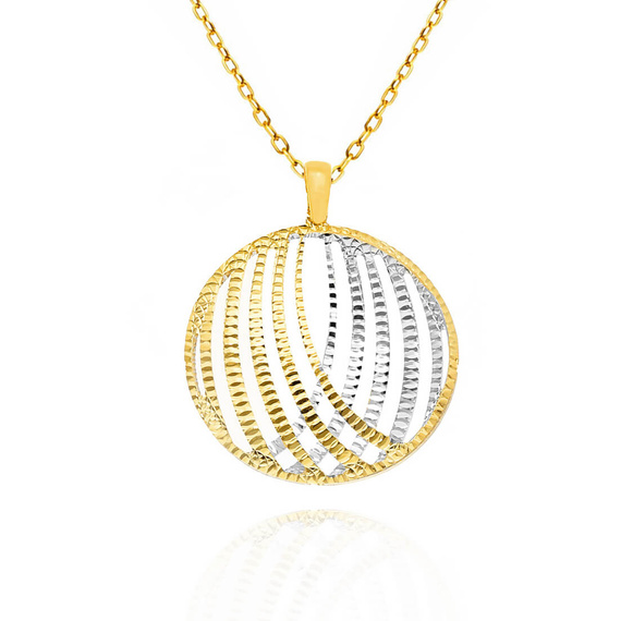 Złota zawieszka kółko 585 ażurowe diamentowane nacinane białe i żółte złoto