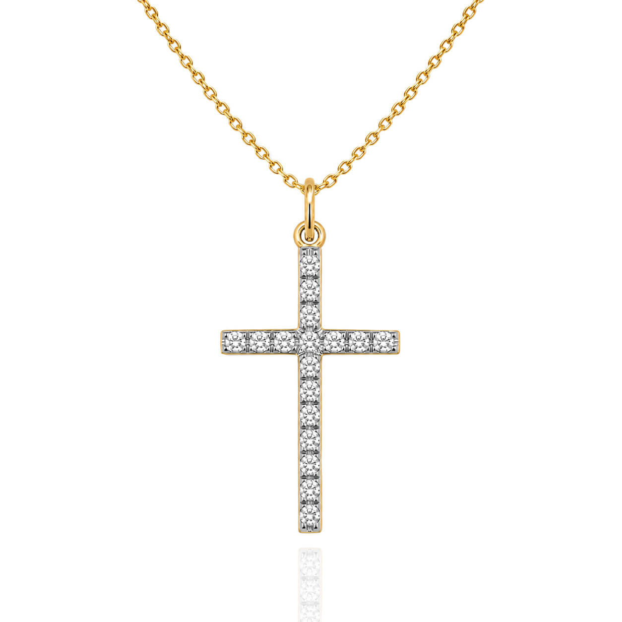 Złota zawieszka krzyż z cyrkoniami 585 krzyżyk białe cyrkonie rodowany 2,8 cm