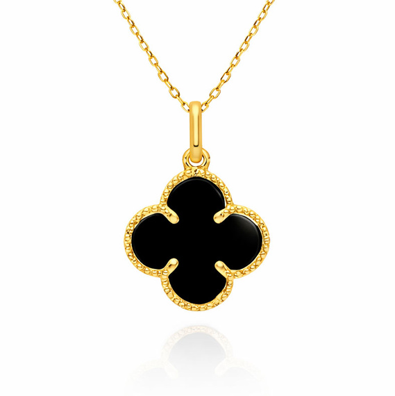 Złota zawieszka duża koniczynka 585 kwiatek czarny onyks 2 cm