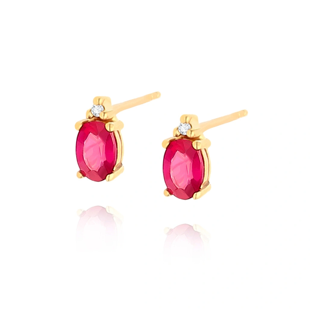Złote kolczyki 585 owalne rubiny 1,42 ct diamenty 0,015 ct na sztyft